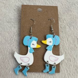 Blue duck goose in boots and bonnet dangle earrings